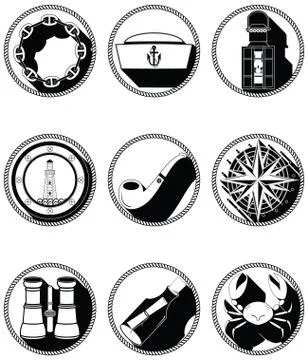 Nautical elements IV icons in knottet circle IN BLACK AND WHITE Stock Illustration