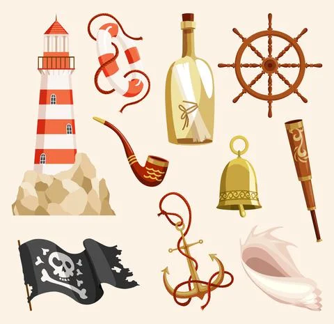 Nautical elements lighthouse and captain objects. Set of sea vintage marine item 스톡 일러스트