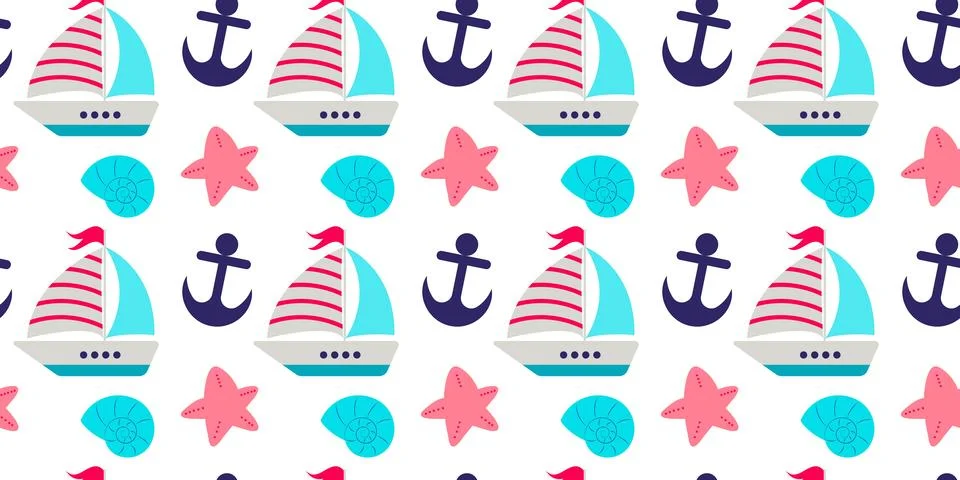 Nautical elements seamless pattern. Boat. shells, starfish and anchor Stock Illustration