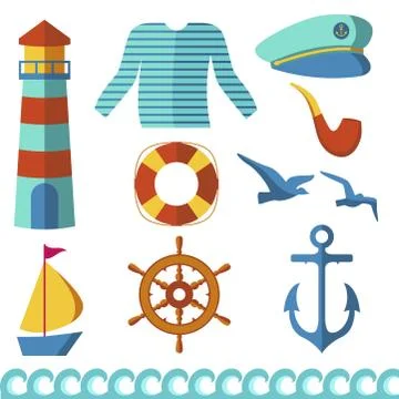 Nautical elements wave ocean sea blue marine vector illustration. Stock Illustration