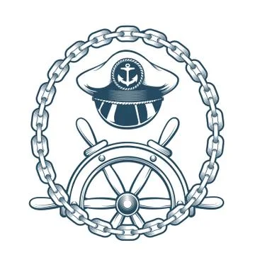 Nautical Emblem with Captain Hat and Navigation Wheel. Vector Illustration. Illustrazione stock