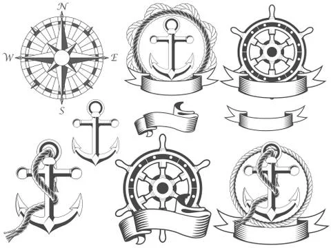 Nautical emblems with different seafaring design elements Stock-Illustration