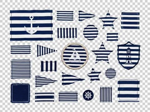 Nautical fabric patch collection features blue marine icons. Stock Photos
