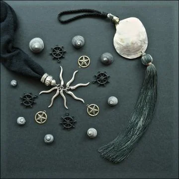 Nautical flat lay on black background. Stock Photos