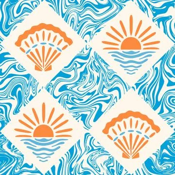 Nautical groovy vector seamless pattern. Scallop seashells and sea sunset on イラスト素材