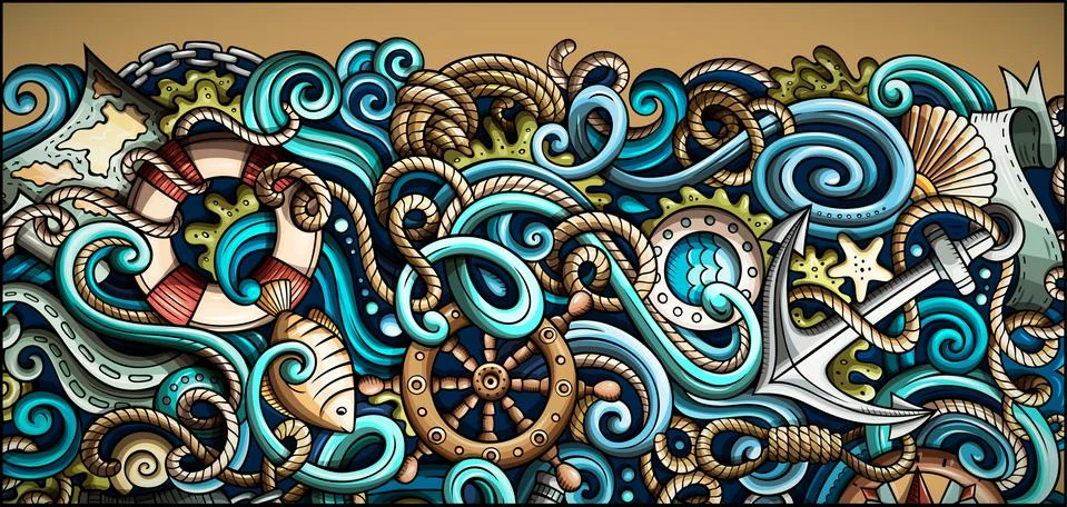 Nautical hand drawn doodle banner. Cartoon detailed flyer. Illustrazione stock