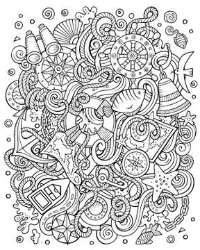 Nautical hand drawn vector doodles funny illustration. Illustrazione stock