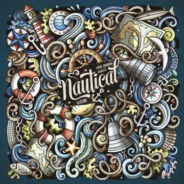 Nautical hand drawn vector doodles funny illustration. Illustrazione stock