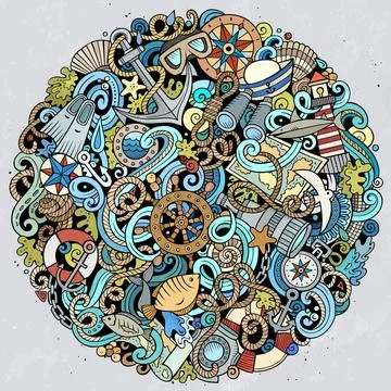 Nautical hand drawn vector doodles funny illustration. Illustrazione stock
