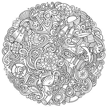 Nautical hand drawn vector doodles funny illustration. Illustrazione stock