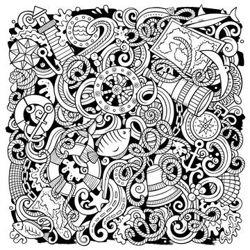 Nautical hand drawn vector doodles funny illustration. Illustrazione stock