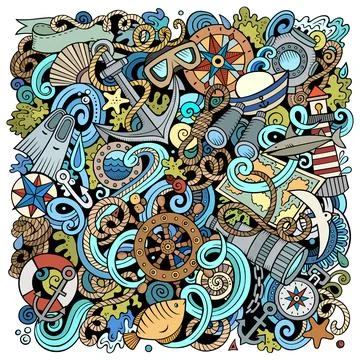 Nautical hand drawn vector doodles funny illustration. Illustrazione stock