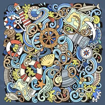 Nautical hand drawn vector doodles funny illustration. Illustrazione stock
