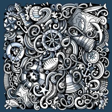 Nautical hand drawn vector doodles funny illustration. Illustrazione stock
