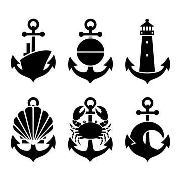 Nautical Icon Set Featuring Anchors, Lighthouse,Shell, and Ship Silhouettes Stock Illustration
