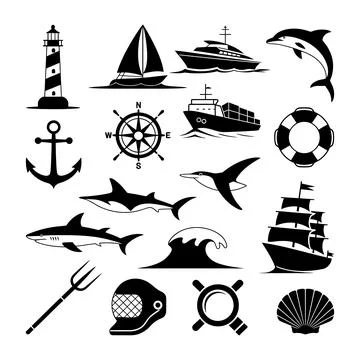 Nautical icons set including lighthouse ship anchor and sea creatures 스톡 일러스트