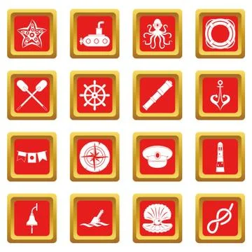 Nautical icons set red Stock Illustration
