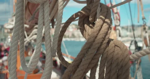 Nautical knots of an ancient sailing ship  Stock Footage 142804621