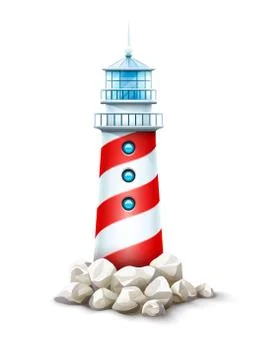 Nautical lighthouse tower at stone rocks hill vector illustration Stock Illustration