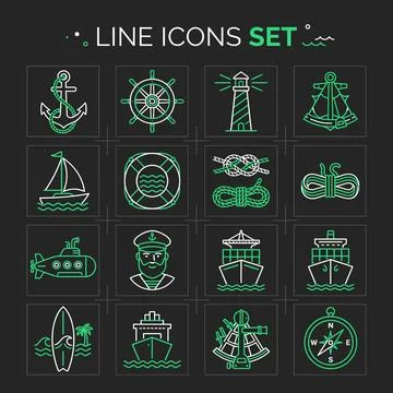 Nautical line icons set featuring anchor, ship wheel, lighthouse, sailboat,.. Stock Illustration