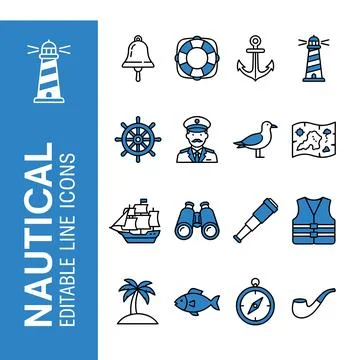 Nautical line icons set with lighthouse, bell, lifebuoy, anchor, ship wheel.. Stock Illustration