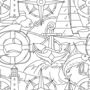 Nautical line symbols tile pattern. Travel and tourism background. Retro styl Illustrazione stock