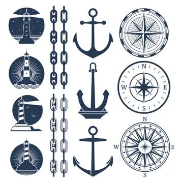 Nautical logos and elements set - compass lighthouses anchor chains Stock Illustration