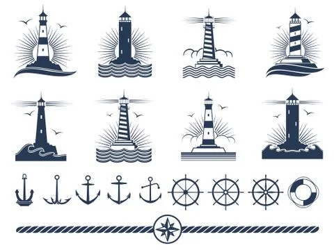Nautical logos and elements set - anchors lighthouses rope Stock Illustration
