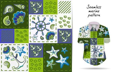 Nautical marine patchwork seamless pattern with shells, starfish, anchor and Stockillustratie