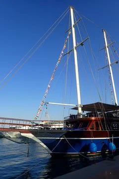 Nautical Masts, Rigging, Vibrant Bunting, Blue Sky Stock Photos