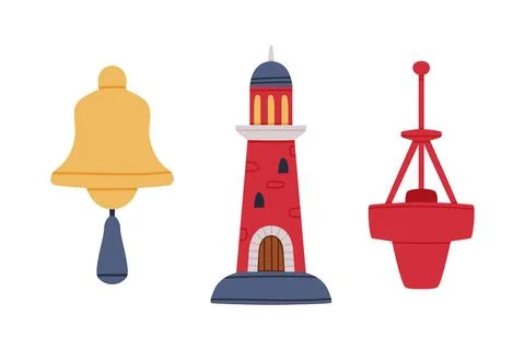 Nautical objects set. Classical marine bell with rope, lighthouse and marine Stock Illustration