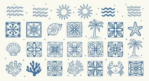 Nautical Pattern Set: Seashells, Palm Trees, Starfish, Sun, Waves, Coral, C.. Stockillustratie