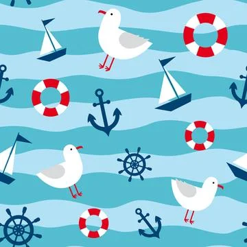 Nautical pattern on a striped background Stock Illustration