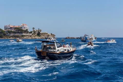 Nautical procession of the Virgen del Carmen (saint of sailors) Stock Photos