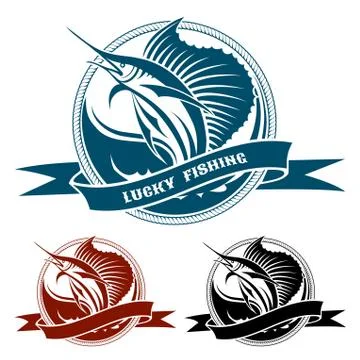 Nautical retro label with jumping sail fish Stock Illustration