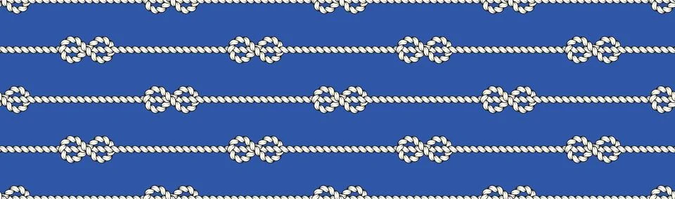 Nautical rope stripe pattern. Braided cord lines with knot ties on blue bg... Stock Illustration