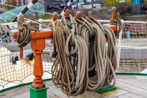 Nautical ropes on a deck of a large  ship Stock Photos