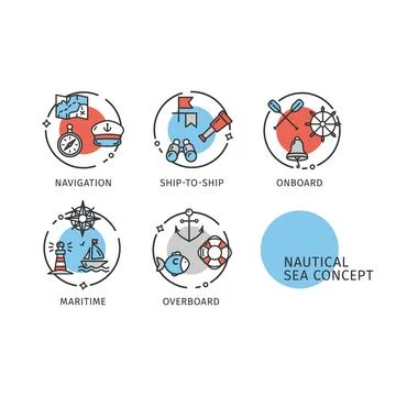 Nautical Sea Concept Thin Line Icons Labels Set. Vector Stock Illustration