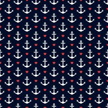 Nautical seamless pattern with anchors and hearts. Stock Illustration