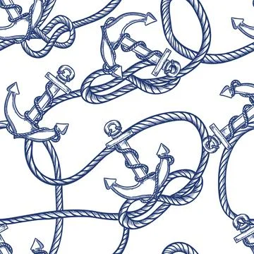 Nautical seamless pattern with anchors and rope. Vector hand drawn sketch i.. Stock Illustration