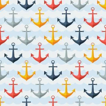 Nautical seamless pattern with anchors in flat design style Illustrazione stock