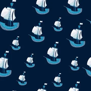 Nautical seamless pattern with blue random sailboat ship elements print. Dark Stock Illustration