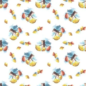 Nautical seamless pattern Bollards, red and yellow buoys, ropes, sea waves and Stock Illustration