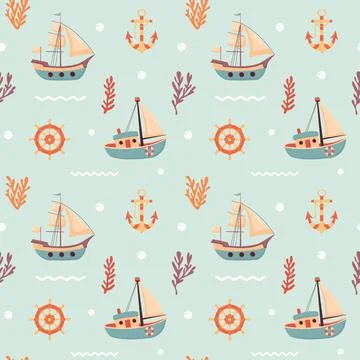 Nautical seamless pattern with cute sailing ships, anchor, ship's rudder Stock Illustration