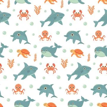Nautical seamless pattern with cute sea animals. Marine print for fabric an.. Stock Illustration