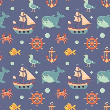 Nautical seamless pattern with cute sea animals. Marine print for fabric an.. Stock Illustration
