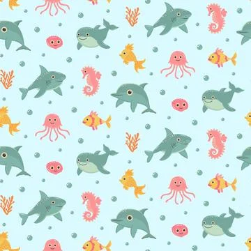 Nautical seamless pattern with cute sea animals. Marine print for fabric an.. Stock Illustration