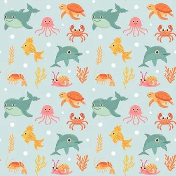 Nautical seamless pattern with cute sea animals. Marine print for fabric 库存插图