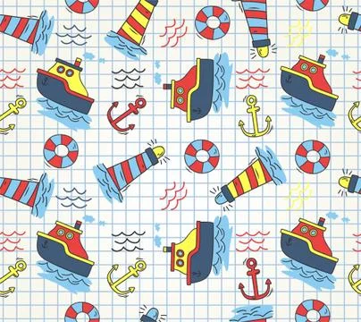 Nautical seamless pattern isolated on paper Stock Illustration