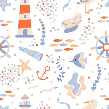 Nautical seamless pattern with lighthouse. Fish, dots and ship wheel, sea or Stock Illustration